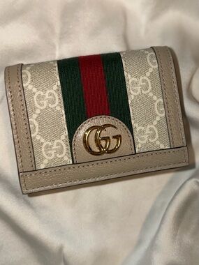 Gucci Beige GG Canvas Wallet with Green-Red Web and Gold Double G